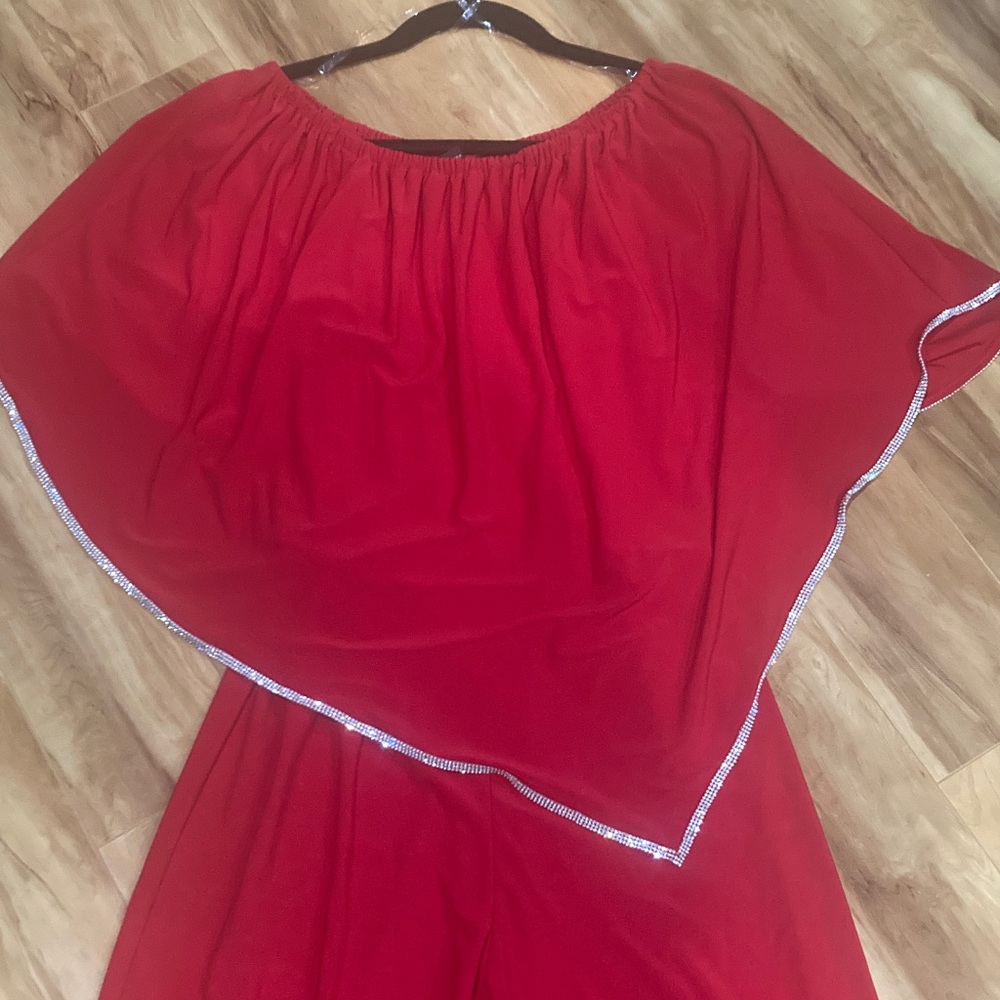 Red Off-Shoulder Romper with Silver Trim